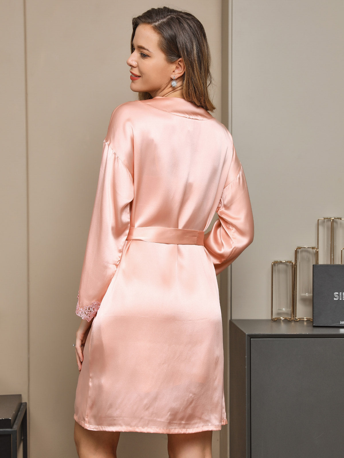 [Roze] SilkSilky-NL Pure Silk Lange Mouw Nightgown&Robe Set 002